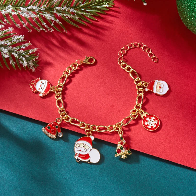 Creative Christmas Series Bracelet For Women Men Santa Claus Snowflake Zircon Elk Xmas Tree Metal Chain Bangles New Year Jewelry