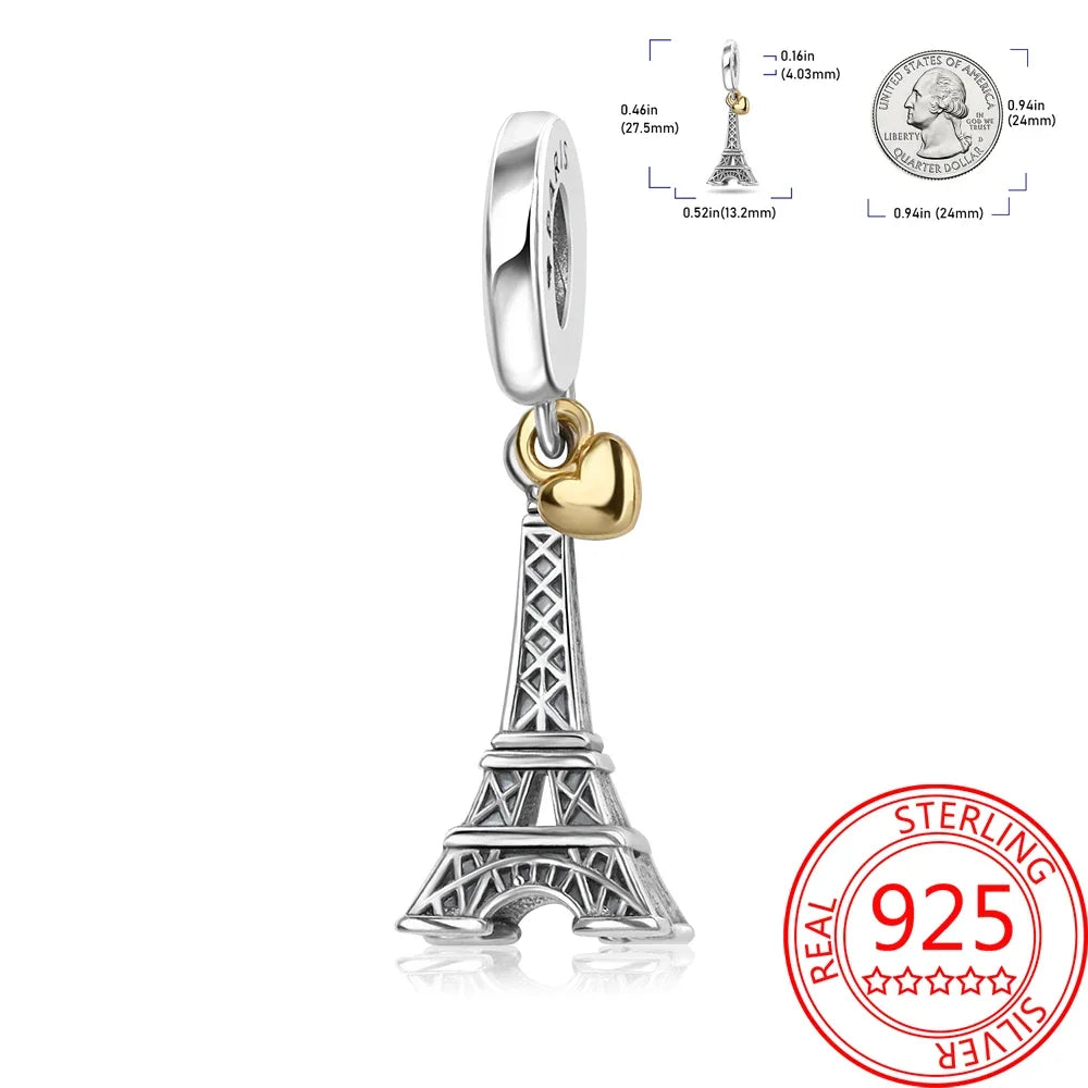 Creative 925 Sterling Silver Eiffel Tower Gold Heart Double Charm Fit DlY Bracelet Necklaces Women's Dating Jewelry Accessories