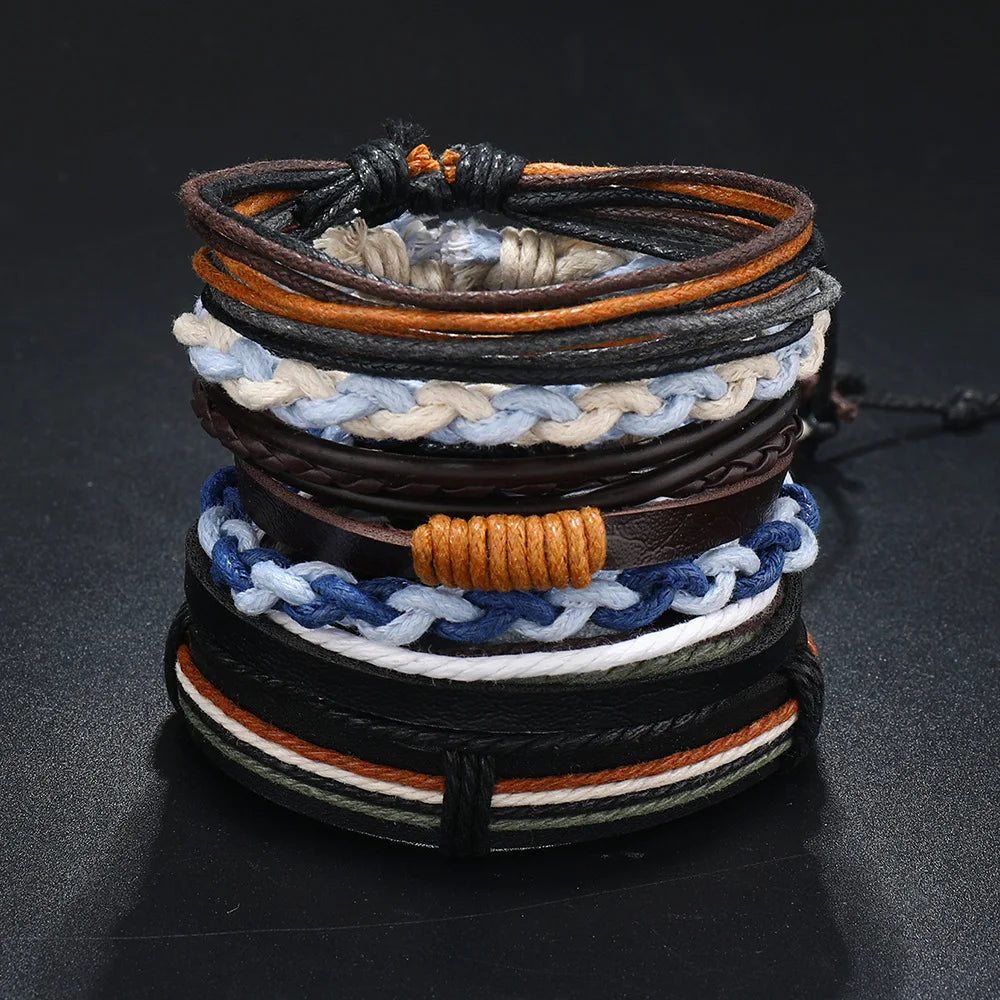 6Pcs/ Set Braided Wrap Leather Bracelets for Men Vintage Life Tree Rudder Charm Wood Beads Ethnic Tribal Wristband Rope Bracelet