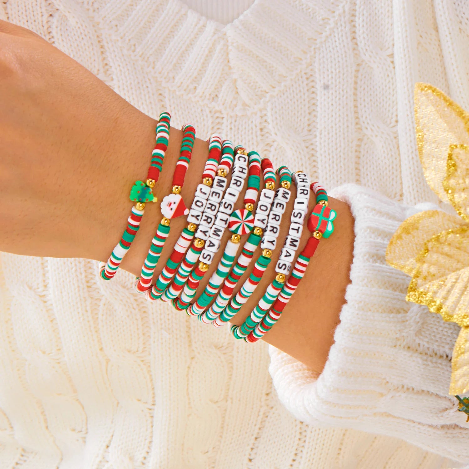 12/10Pcs Elastic Beaded Bracelets Christmas Colorful Beads Soft Clay Pottery Stretchy Strand Chain Bangle Party Festival Jewelry