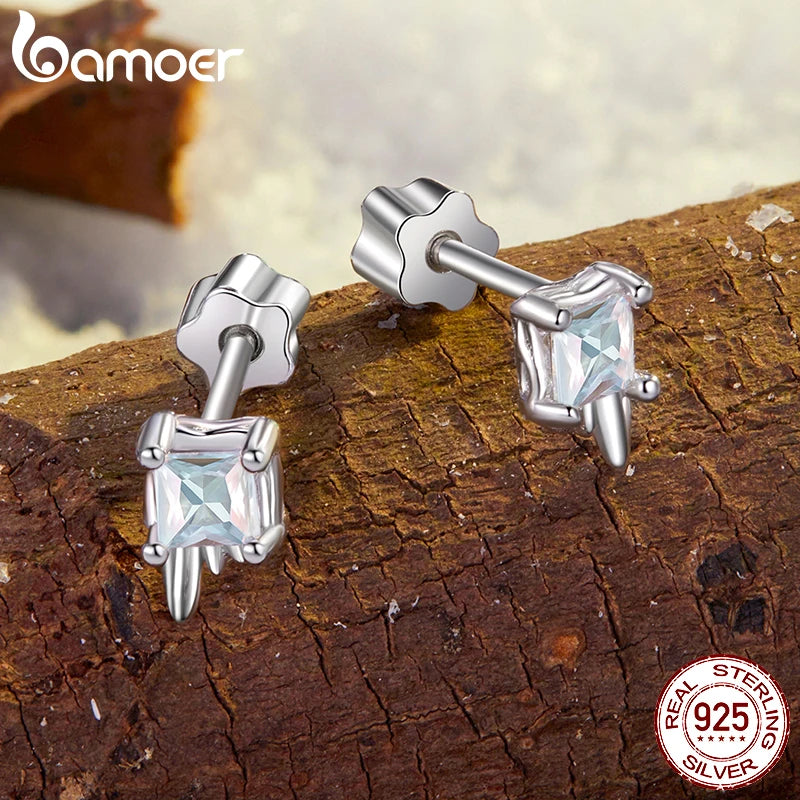 BAMOER 925 Sterling Silver Ice Cube Earrings, Sparkly Winter Ice CZ Christmas Stud Earrings Gifts for Women BSE1133
