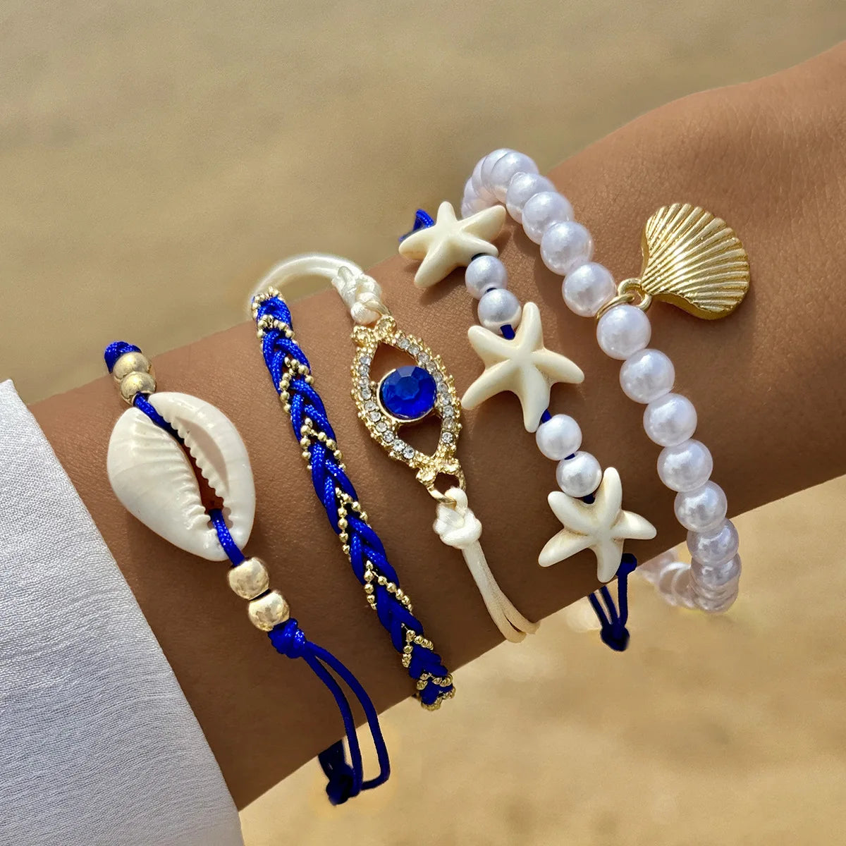 5Pcs Bohemia Shell Starfish Bracelet Set For Women Imitation Pearl Evil Eye Multilayer Beaded Bangles Sand Beach Party Jewelry