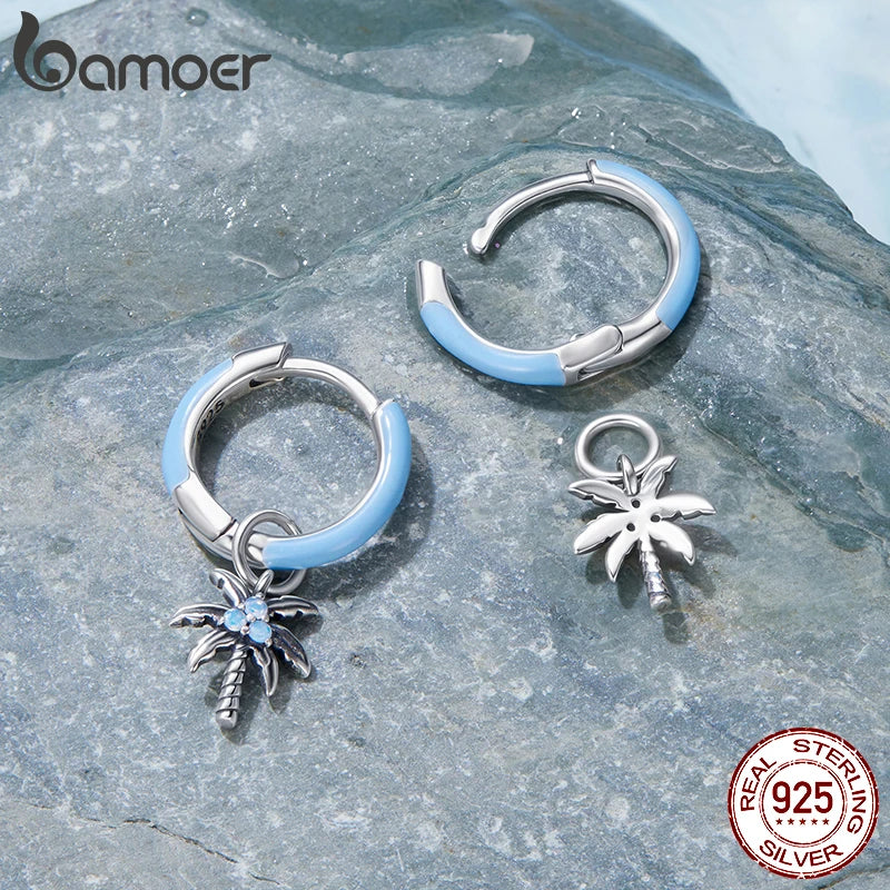 BAMOER 925 Sterling Silver Coconut Palm Tree Dangle Earring Summer Holiday Gift Beach Theme Jewelry Earrings for Women SCE1876