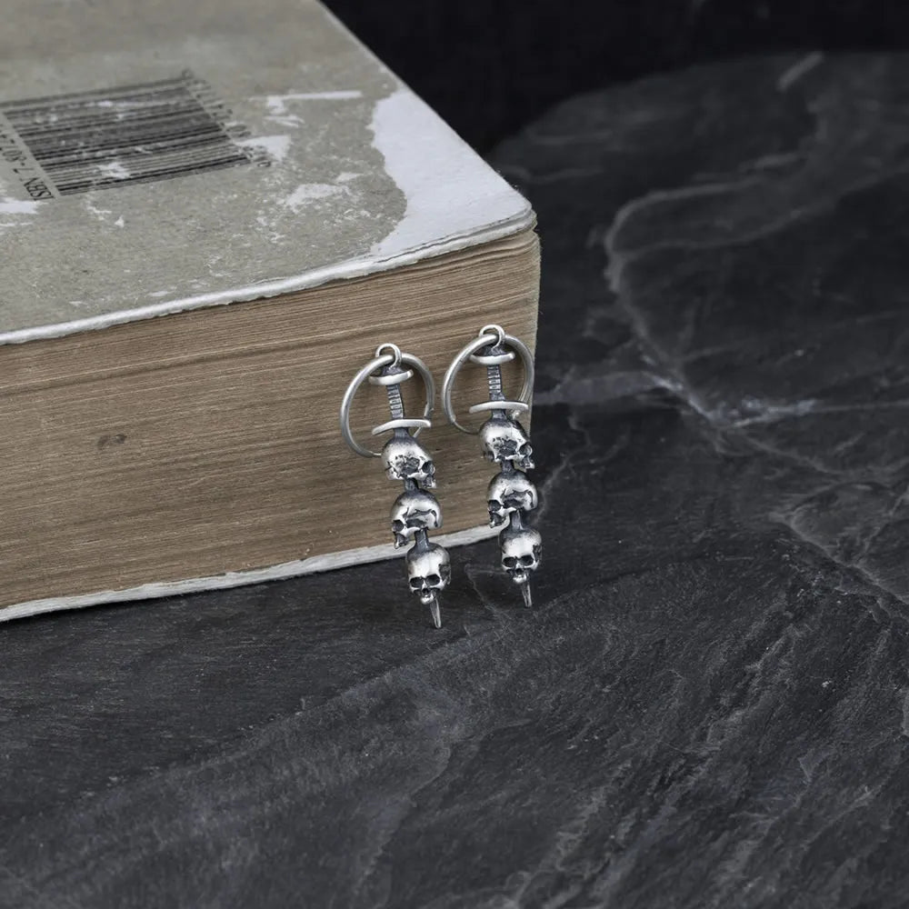 MKENDN Gothic 925 Sterling Silver Ear Rings Sword Piercing Three Skull Earrings For Men Women Punk Rock Style Piercing Jewelry