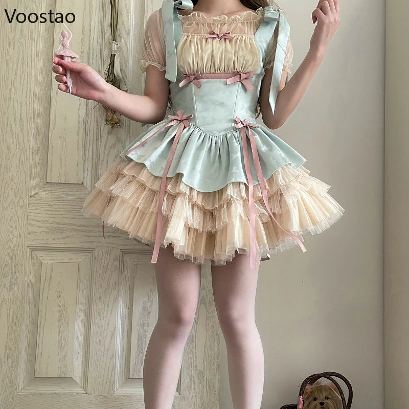 Sweet Lolita Jsk Dress Women Vintage Y2k Bow Ribbon Party Princess Dresses Japanese Girls Kawaii Ballet Style Mesh Mini Dress