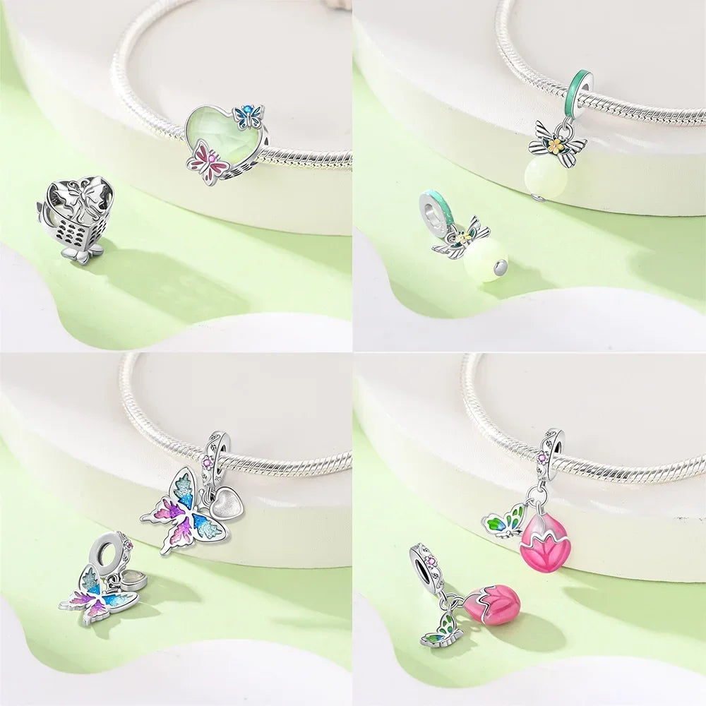 925 Sterling Silver Chameleon Luminous Firefly Butterfly Charms Beads Fit 925 Original Bracelets Fine DIY Jewelry Making