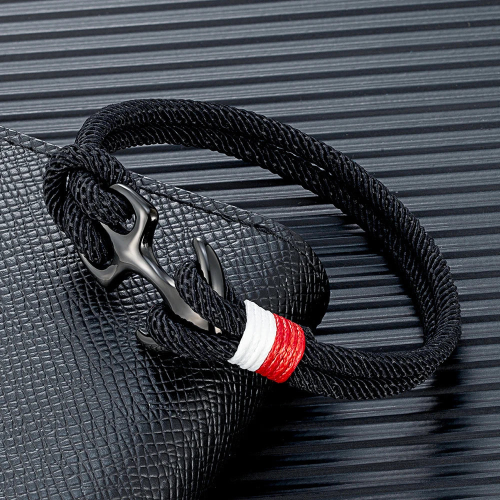 MKENDN Schwarzes Ankerarmband für Damen und Herren, zweireihiges Armband aus nautischem Seil, Sportschließe aus Edelstahl, maritimer Schmuck