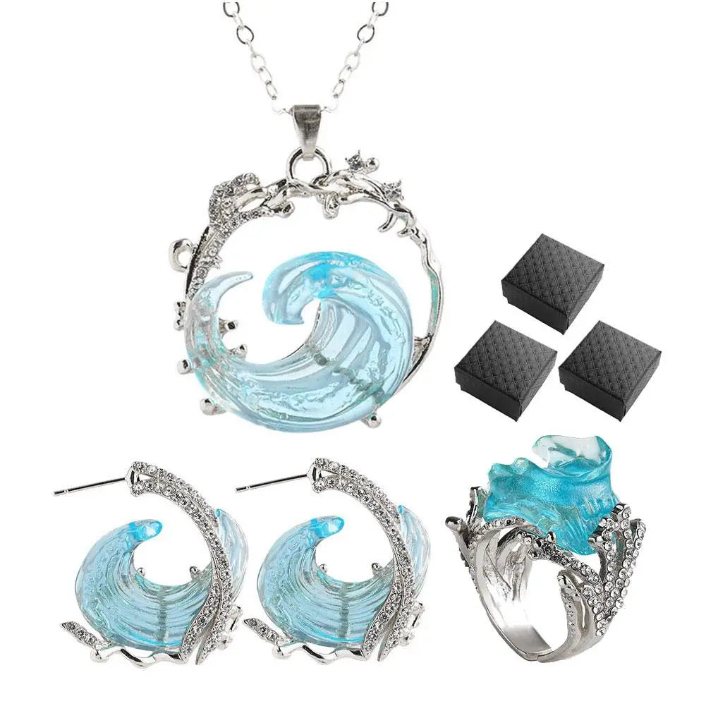 Ocean's Oath Necklace Earrings Jewelry SetAdjustable Ocean Wave Necklace Rings Earrings Summer Marine Theme Jewelry Packs