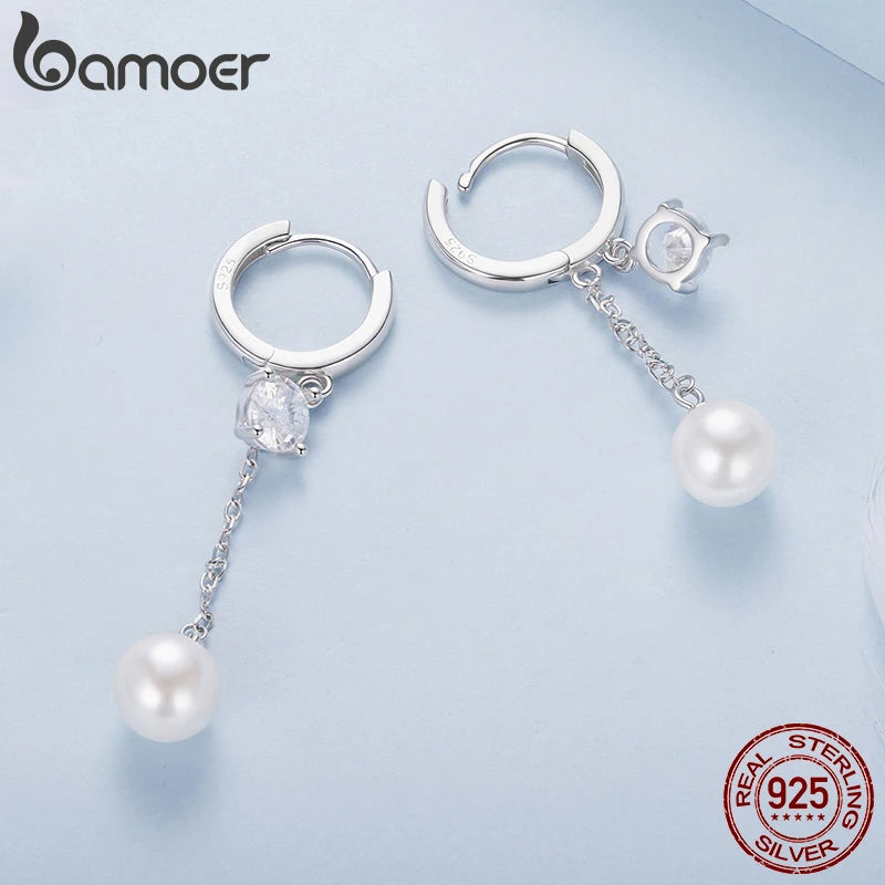 BAMOER 925 Sterling Silber Ohrringe mit gestaffelten Zirkonia-Quasten und runden Perlenohrringen für Damen – Elegantes Weihnachtsgeschenk