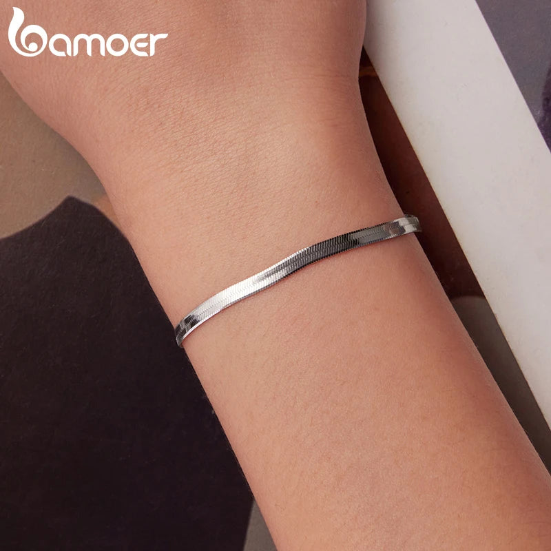 Bamoer 925 Sterling Silver Wide Snake Chain Bracelet Stackable Snake Printed Wrist Bracelet Pack for Women Dainty Gift