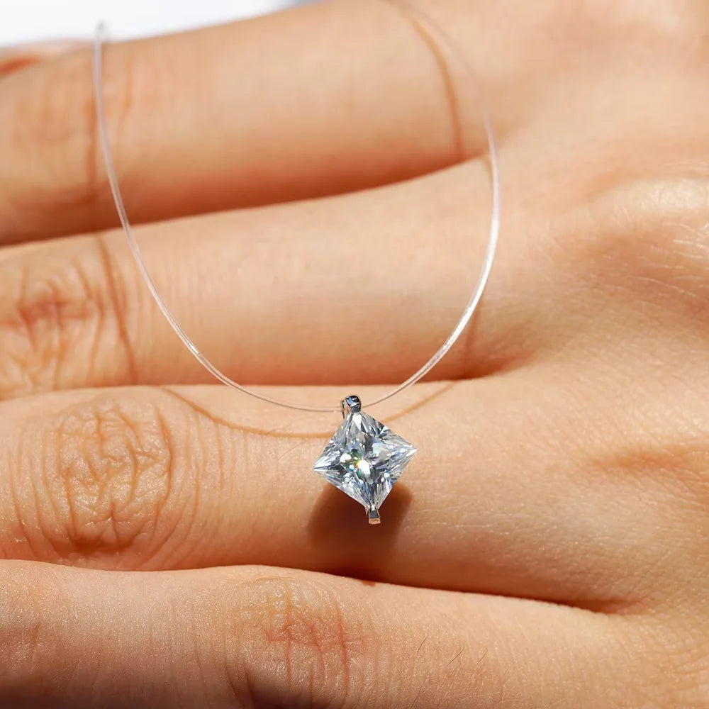 Serenity 1ct Moissanite Necklace Invisible Transparent Fishing Line Women Gift S925 Sterling Silver Pendant Necklace Plated 18K