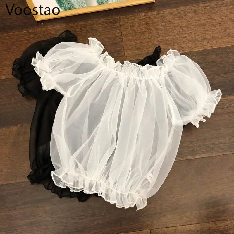 Summer Women Sweet Lolita Style Blouses Kawaii Slash Neck Ruffles Mesh Shirts Female Sexy Cute Short Puff Sleeve Blusas Mujer