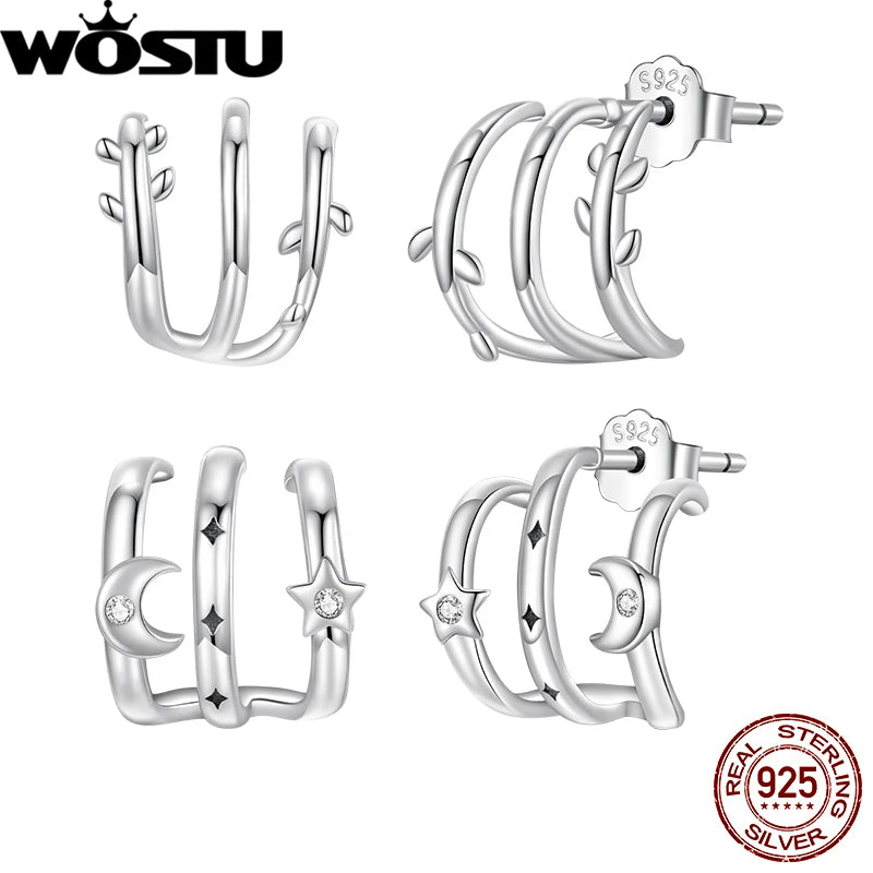 WOSTU 925 Sterling Silver Multi-layer Leaves Earrings Moon Star Fashion Trends for Women Birthday Daily Party Fine Jewelry Gift