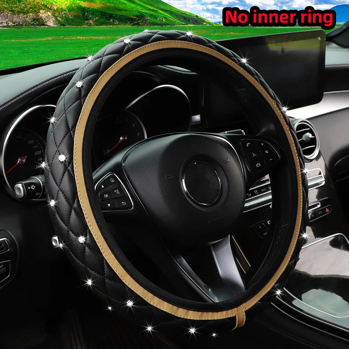 1 PU leather embroidered stereo diamond-encrusted Blingbling car steering wheel cover for 14.5-15 inch automotive supplies - Madeinsea©
