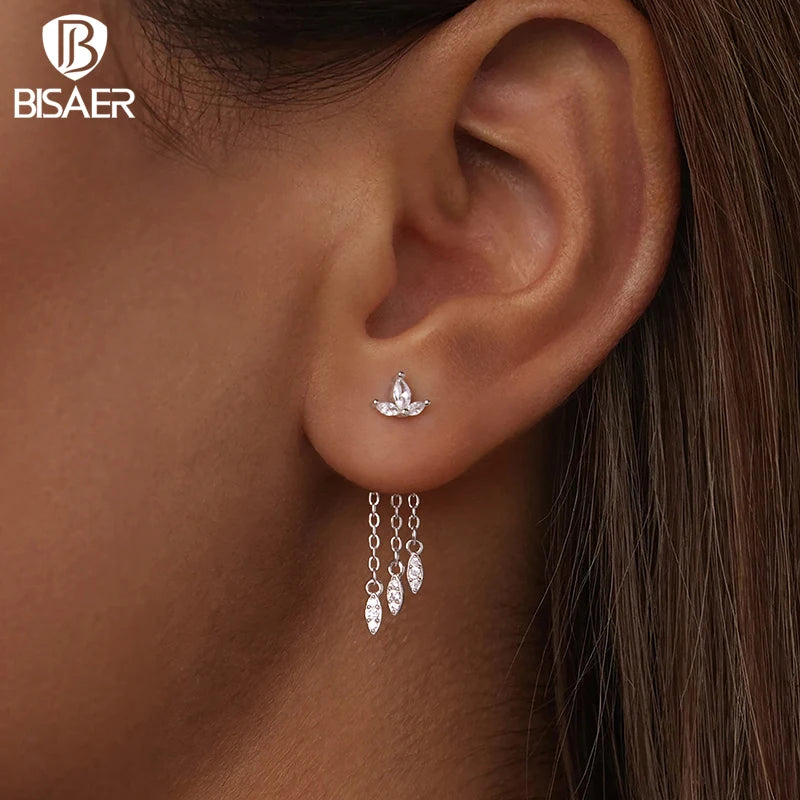 BISAER 925 Sterling Silver Flower Tassel Front-Back Stud Earrings  Hypoallergenic Plated White Gold for Women Party Fine Jewelry