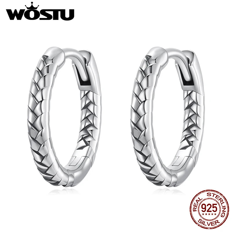 WOSTU Solid 925 Sterling Silver Vintage Snake Textured Huggie Earrings For Women Simple Weddding Twisted Hoop Earring Party Gift