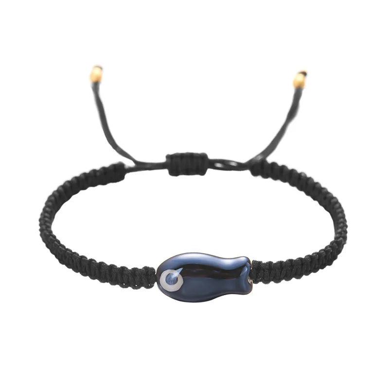 Handgeflochtenes schwarzes Seilarmband für Damen, bunte Keramikfische, verstellbares geflochtenes Armband, böhmischer Freundschaftsschmuck