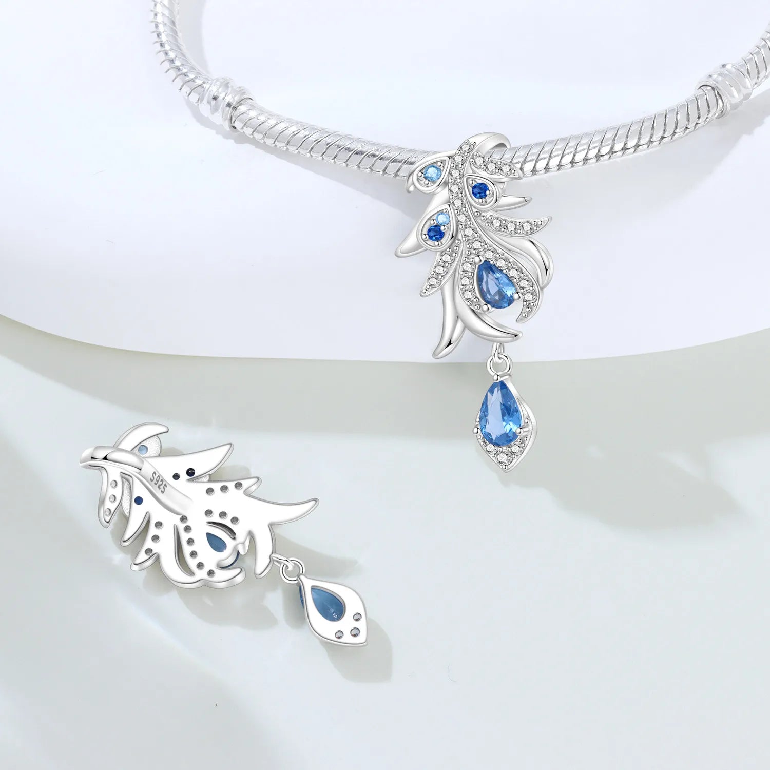 PANPOKI 925 Sterling Silver Blue Feather Lucky Symbol Beads Original Pendants Bracelet Charm Jewelry Party DIY Trendy Gifts