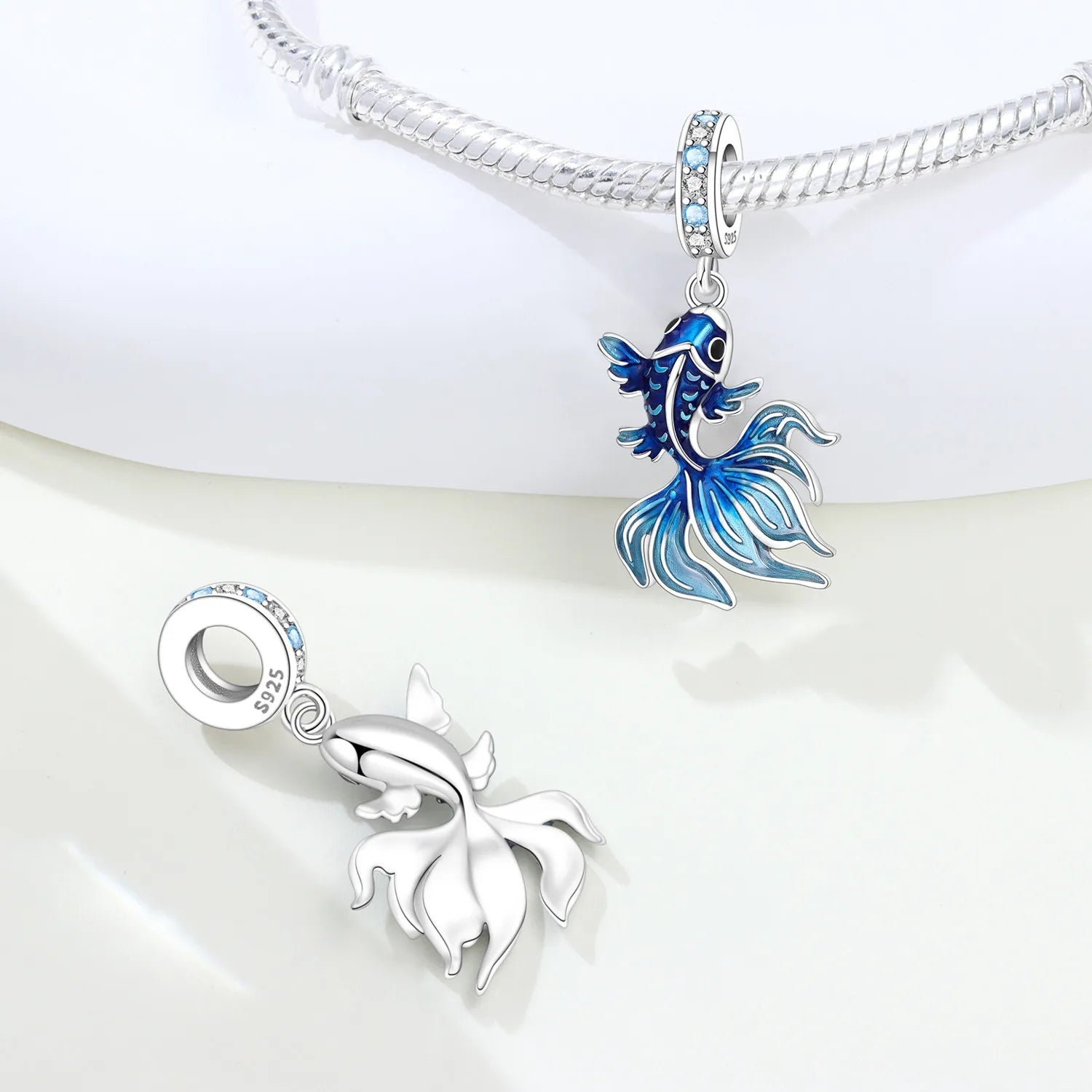PANPOKI 925 Sterling Silver Blue Fish Lucky Symbol Beads Original Pendants Bracelet Charm Jewelry Party DIY Trendy Gifts