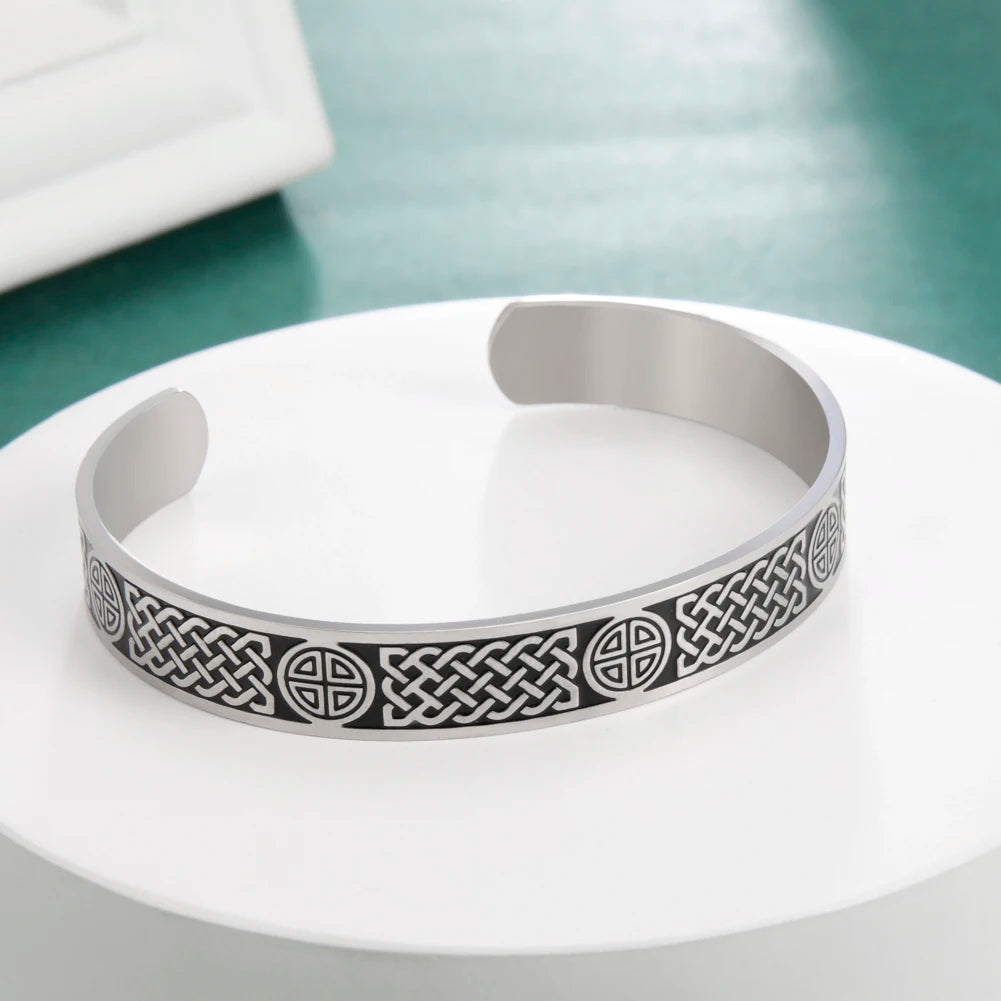 Viking Totem Celtic Knot Cuff Bracelet for Men Norse Mythology Silver Color Stainless Steel Square Round Bangles Fashion Jewelry