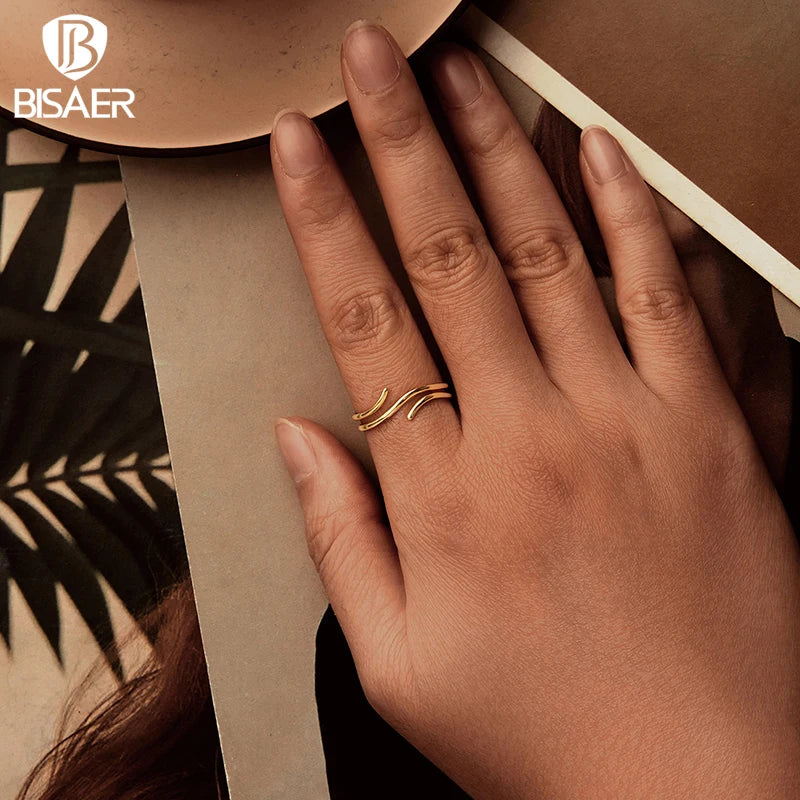 BISAER 925 Sterling Silver Multi-layered Open Ring Minimalist Statement Band Plated 18K Gold Adjustable for Women Fine Jewelry