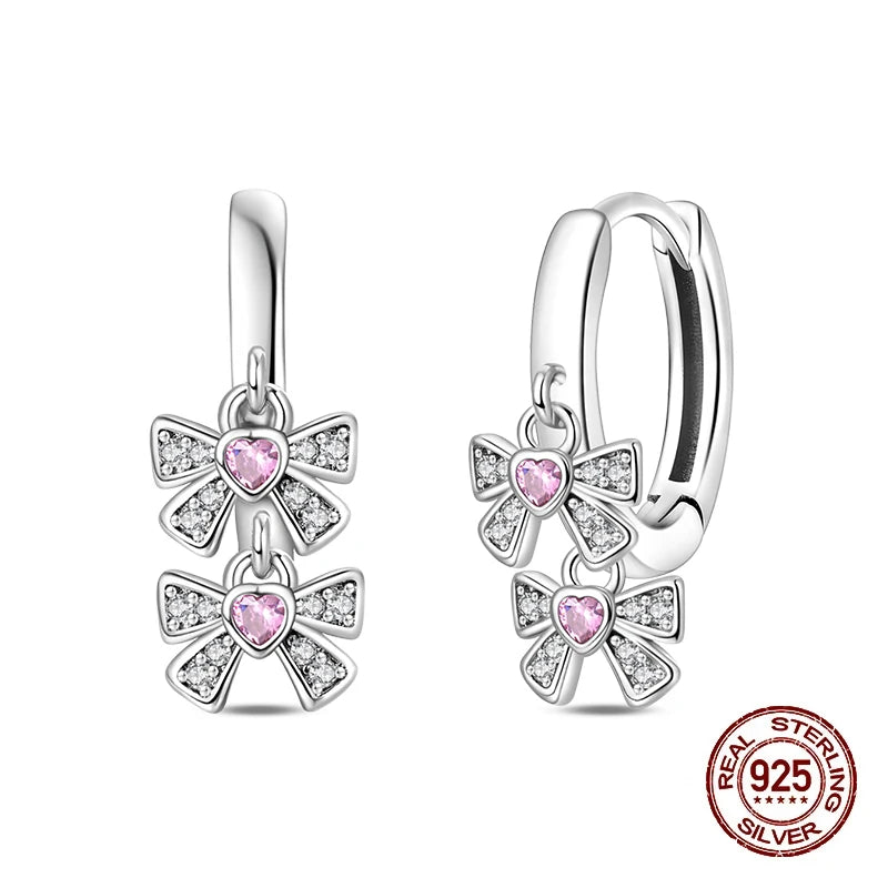 Sweet Bows Earrings 925 Silver Shining Heart Shaped Zircon Hoop Earrings For Women Engagement Birthday Proluxy Fine Jewelry Gift