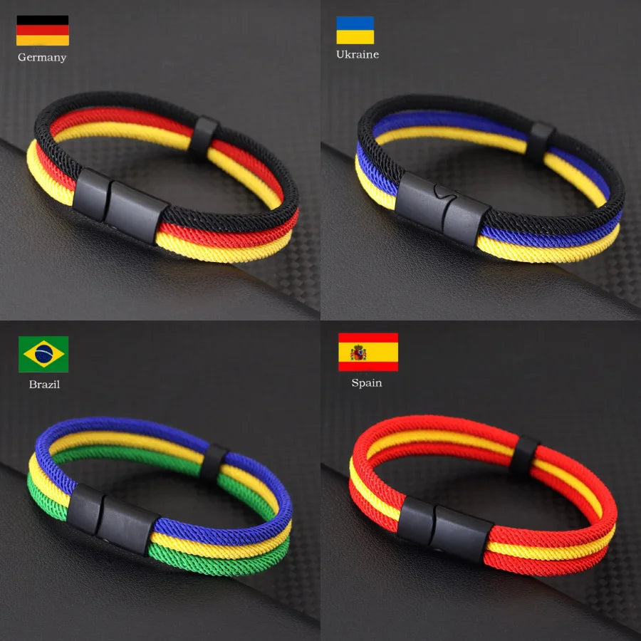 Bracelet unisexe à breloques multicolores aux couleurs du drapeau national, fermoir magnétique détachable, qualité A, bracelet en corde de 4 mm, Joias