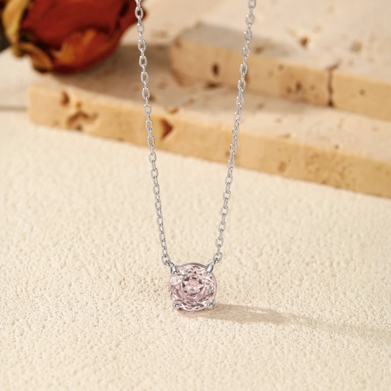 MODIAN 925 Sterling Silver Sweet Romantic Light Pink Round Rose Cut CZ Pendant Necklace For Women Fine Jewelry
