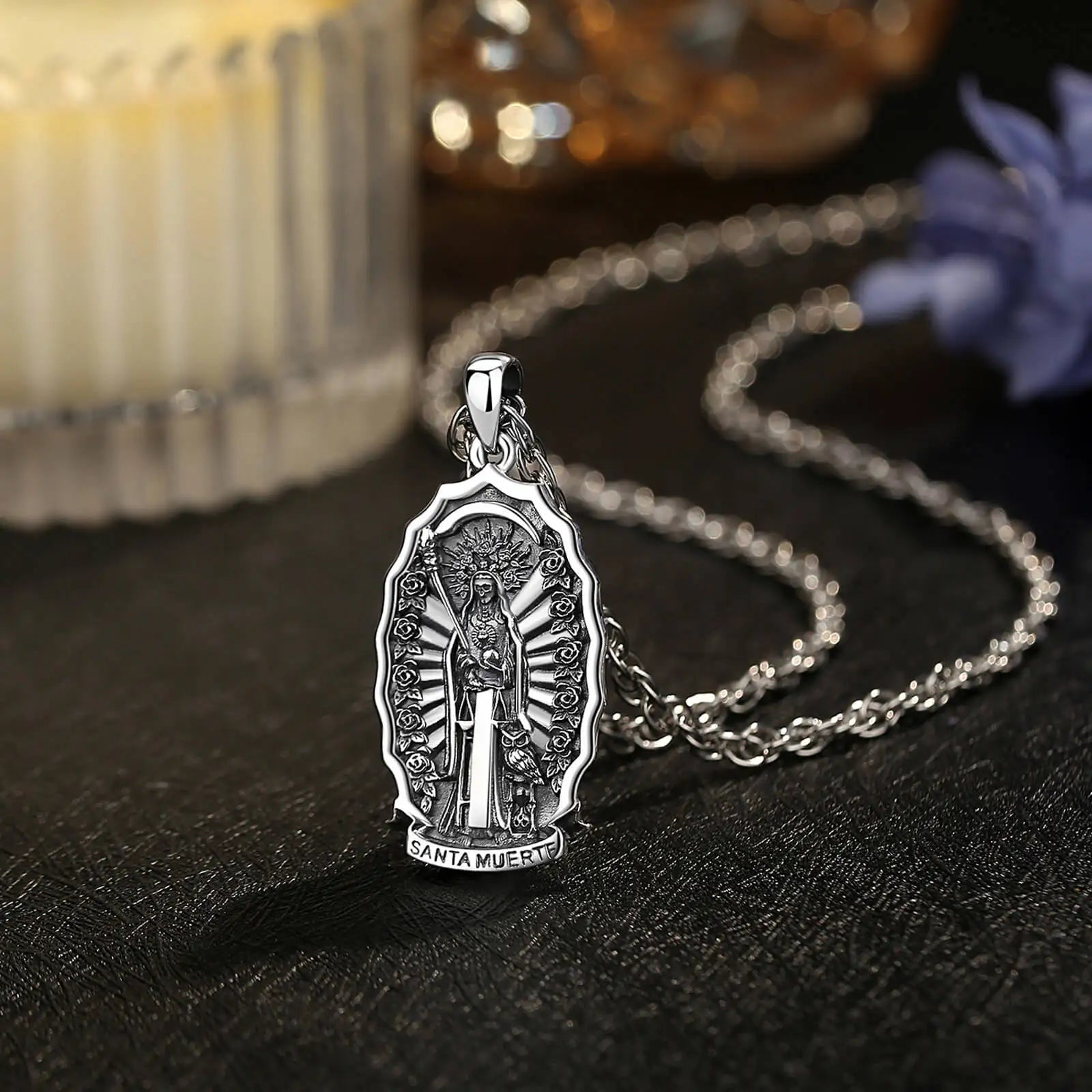 Eudora 925 Sterling Silver Santa Muerte Necklace for Women Man Holy Death Scythe Mexican Pendant Personality Jewelry Fine Gift