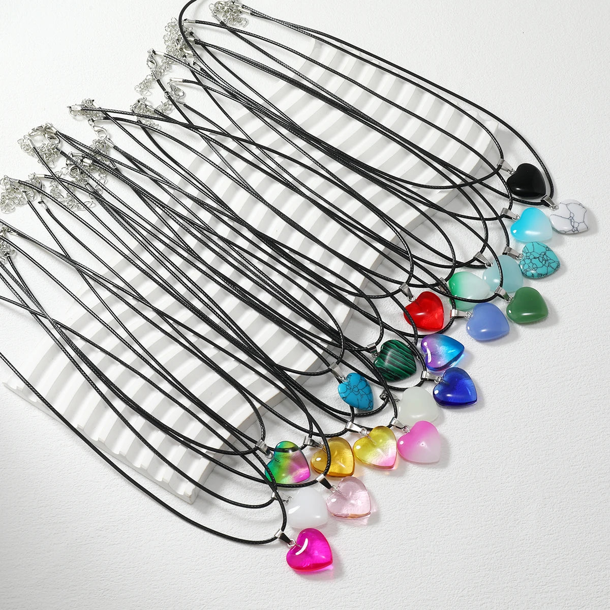 21PCS Hexagonal Column/peach Heart Shape Pendant Necklace Natural Stone Glass Pendant Necklace DIY Jewelry Accesories