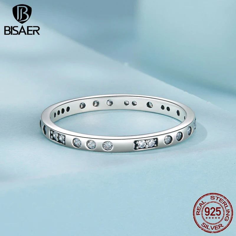 BISAER 925 Sterling Silver ‘I Love You’ Morse Code Ring Tiny Stackable Eternity Band for Women Wedding Fine Jewelry ECR1157