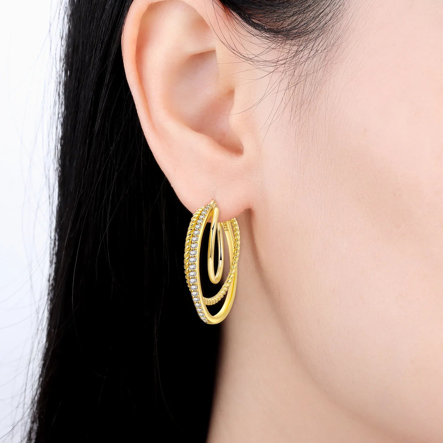 PANPOKI S925 Sterling Silver 18k Gold French 3-Ring Earrings Hoop Earrings For Women Jewelry Original Trendy Anniversary Gifts