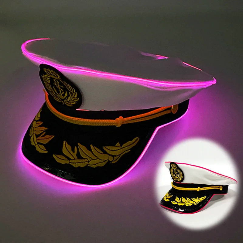 New Luminous White Sailor Captain Yacht Caps Wheat Embroidery LED Glow Navy Marine Hat Men Women Cosplay Halloween Costume Hats