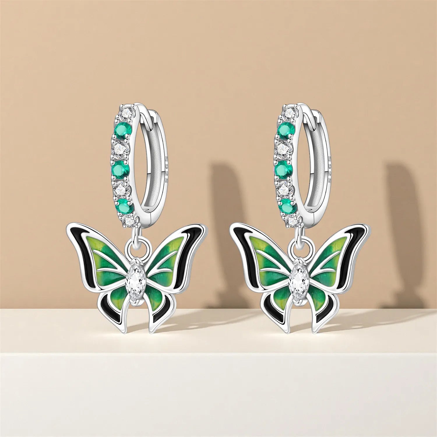 PANPOKI 925 Sterling Silver Green Butterfly Insects Earrings Original Jewelry Drop Earrings Jewelry Party Anniversary Fine Gift