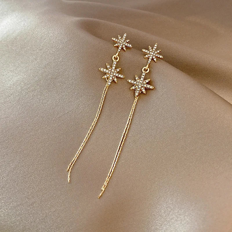 Koreanische Ohrringe mit langen Quasten in Goldoptik für Damen – modische Ohrringe mit Kristall-Schmetterling, Herz und Stern – eleganter Partyschmuck