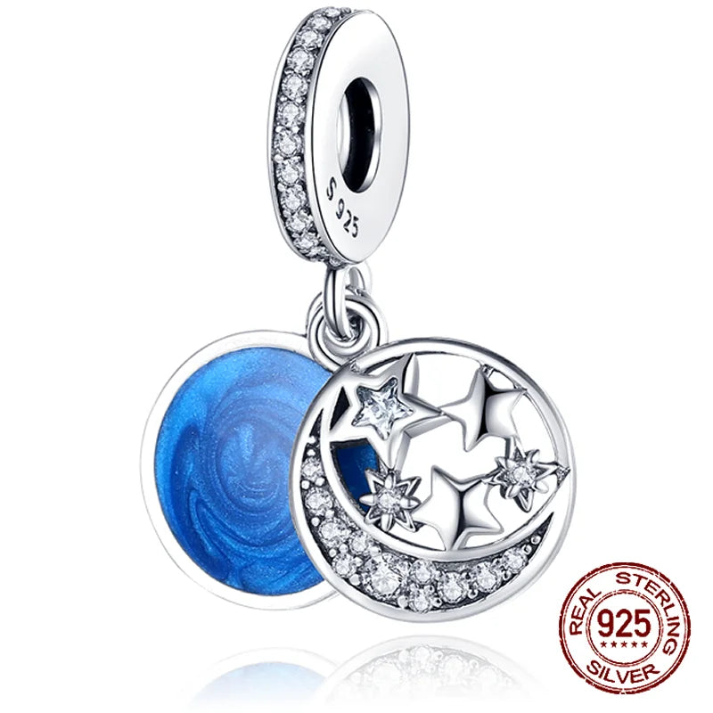 Breloque en argent sterling 925 représentant la lune, l'étoile, l'avion, l'espace, série bleue, compatible avec les bracelets Pandora originaux, bijoux à offrir