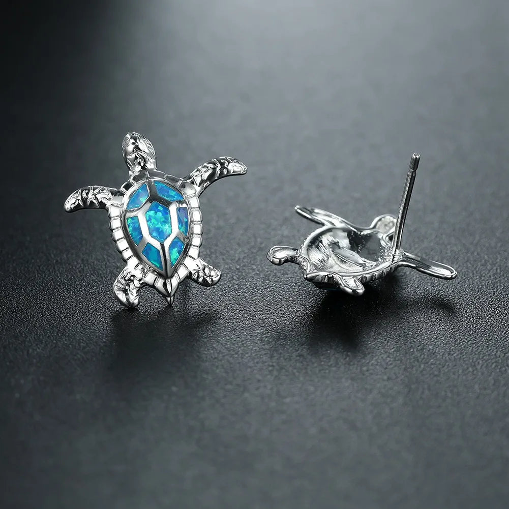 Boho Cute Sea Turtle Stud Earrings For Women Fashion Imitation Blue Fire Opal Earrings For Women Wedding Band Jewelry Gifts