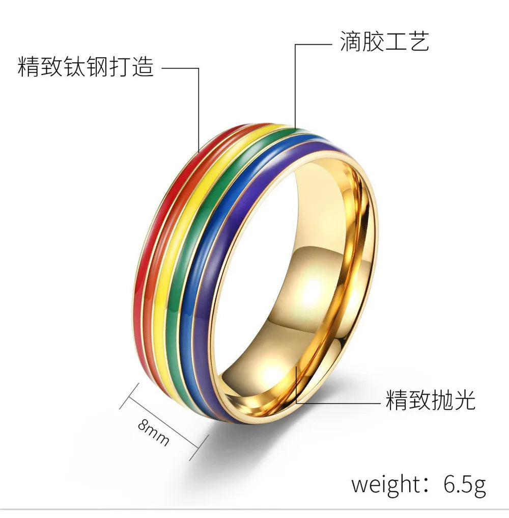MKENDN Multicolor Men Women Rainbow Colorful LGBT Pulsera Ring Stainless Steel Wedding Band Lebian & Gay Rings Pride Gifts