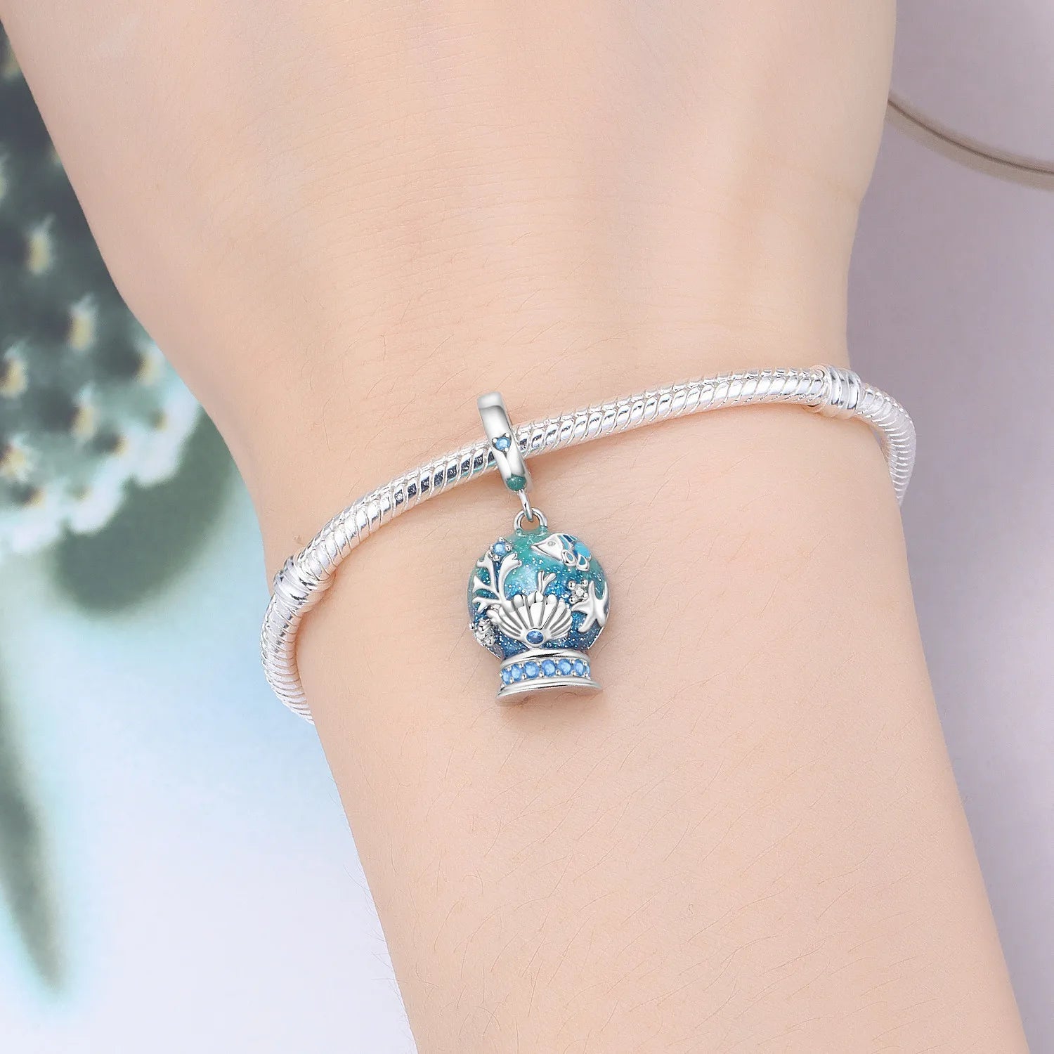 PANPOKI 925 Sterling Silver Marine Life Crystal Ball Beads Original Pendants Bracelet Charm Jewelry Party DIY Trendy Gifts