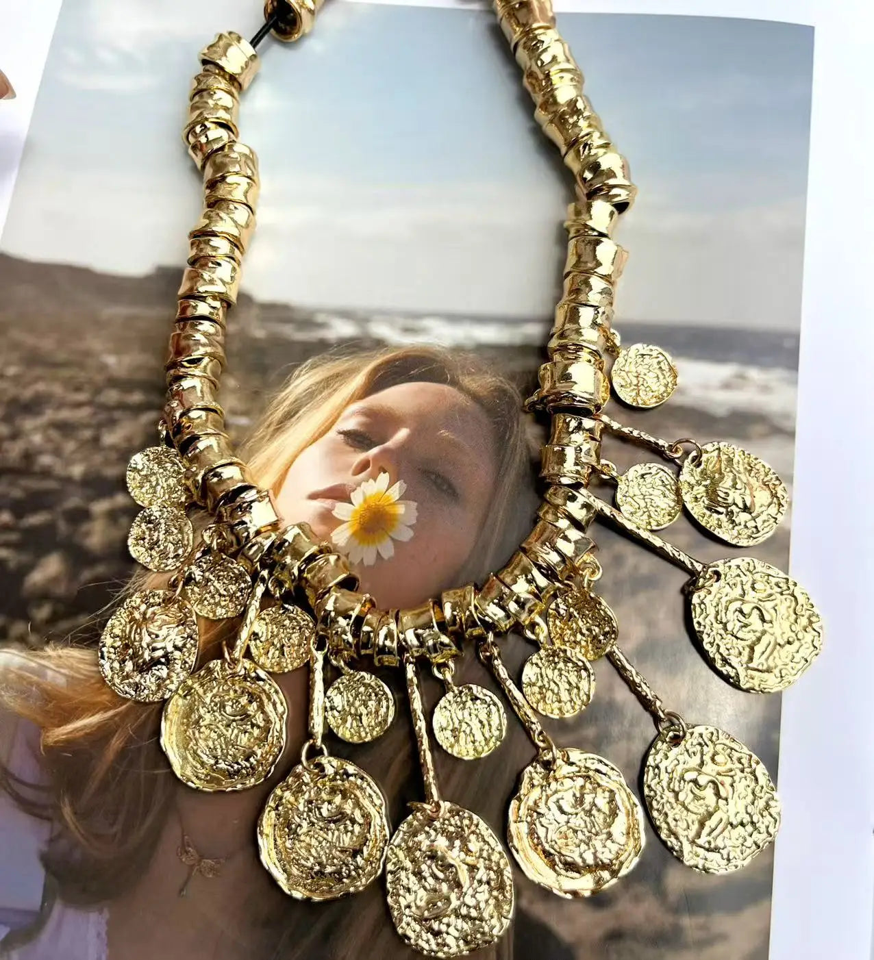 ZAA Retro Trendy Irregular Geometric Tassel Pendant Alloy Necklace