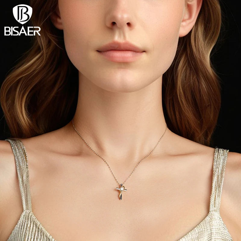 BISAER 925 Sterling Silver Moissanite Cross Necklace VVS1 EX Delicate Lab Diamond Adjustable Chain For Faith Woman Fine Jewelry