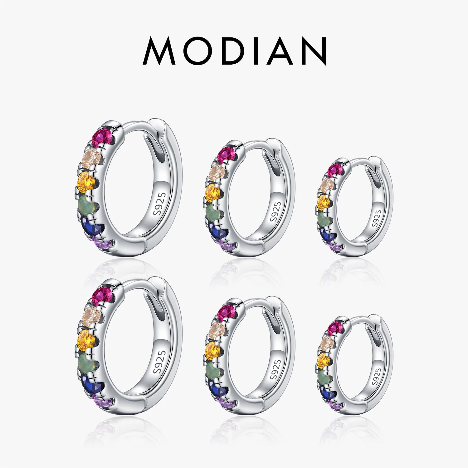 MODIAN 3 Sizes Colorful Ear Buckle 925 Sterling Silver Trendy Stackable Round Zirconia Hoop Earrings For Women Fine Jewelry