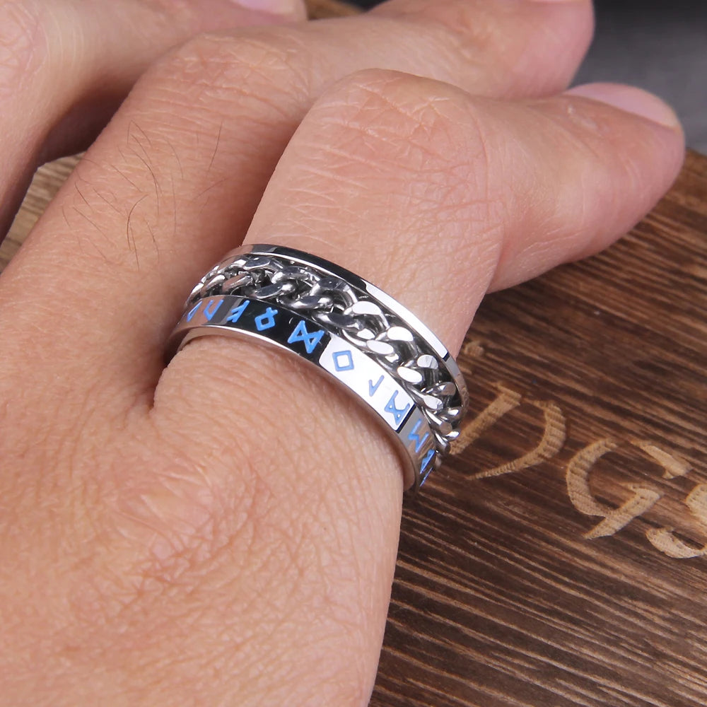 Stainless Steel Chain Ring with Norse Runes