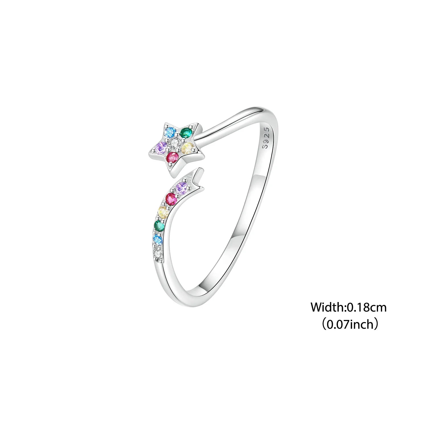 BISAER 925 Sterling Silver Colorful Shooting Star Open Ring Stars Statement Band Adjustable for Women Party Fine Jewelry Gift