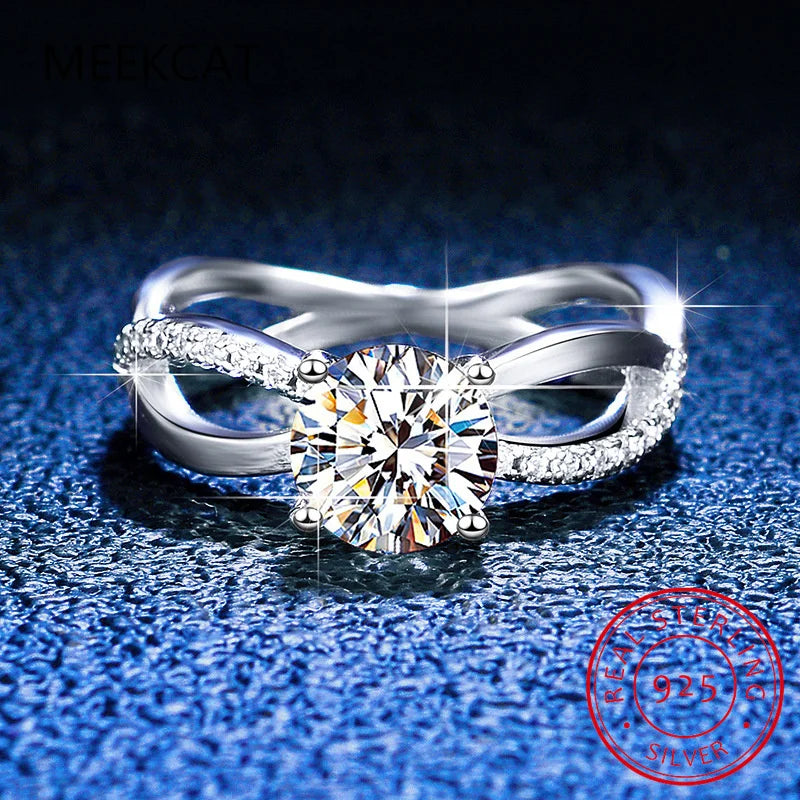 2 Karat echter Moissanit-Solitärring für Damen, Kreuzförmiger Verlobungsring, S925 Silber, Schmuck mit künstlichem Diamanten