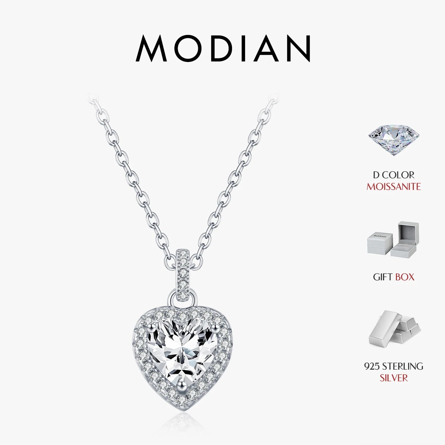 MODIAN 1CT Dazzling Moissanite Halo Necklace 925 Sterling Silver Heart Wedding Gfits Pendant Necklace For Women Fine Jewelry