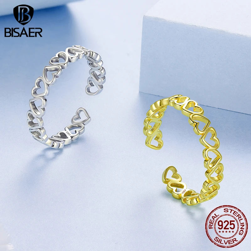 BISAER 925 Sterling Silver Hollow Heart Open Ring Eternal Love Band Adjustable Size 5-9 Plated Gold for Women Party Fine Jewelry