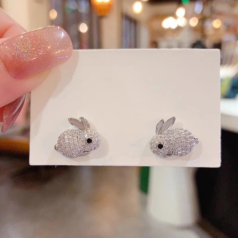 Huitan Animal Rabbit Stud Earrings for Women Full Paved CZ Cute Ear Accessories Fancy Girls Gift Daily Wear Party Trendy Jewelry