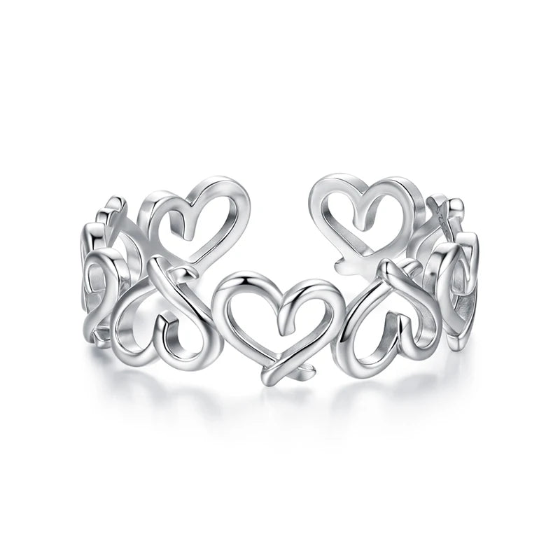 WOSTU Real 925 Sterling Silver Heart To Heart Open Ring For Women, Adjustable Stacking Hollow Ring Valentine's Day Gift for Her