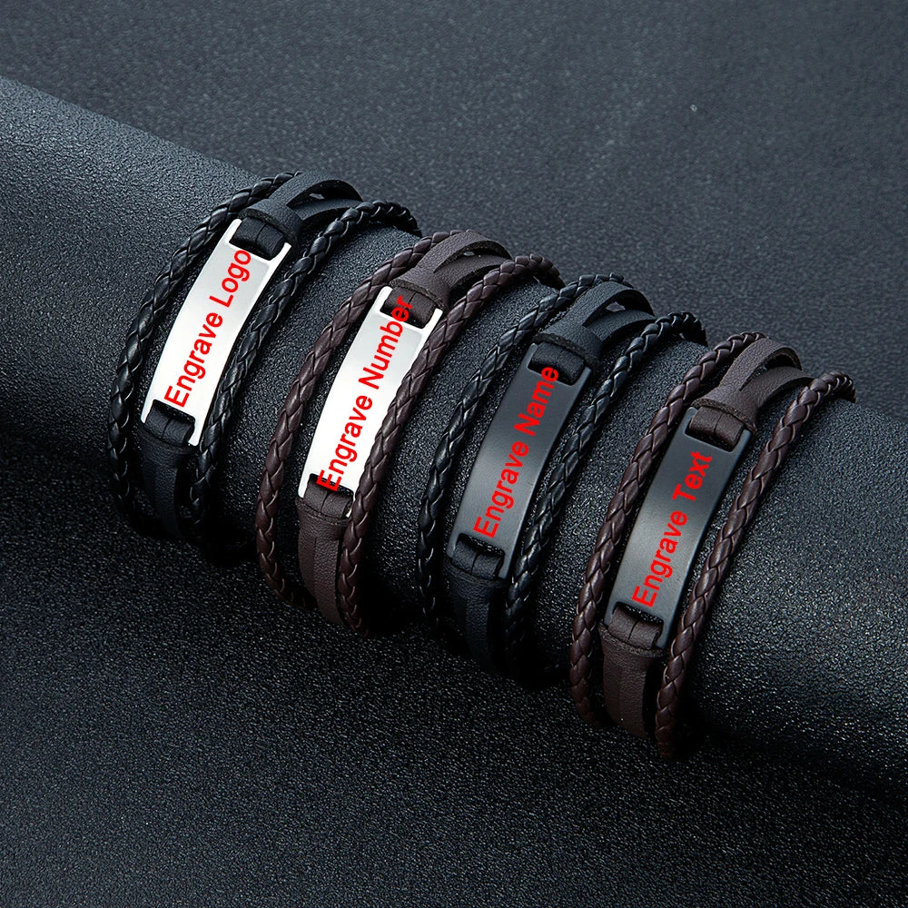 MKENDN Luxury Brand Custom Logo Name Engrave Leather Bangle & Bracelet Women Handmade life-saving Men Rope Id Bracelets